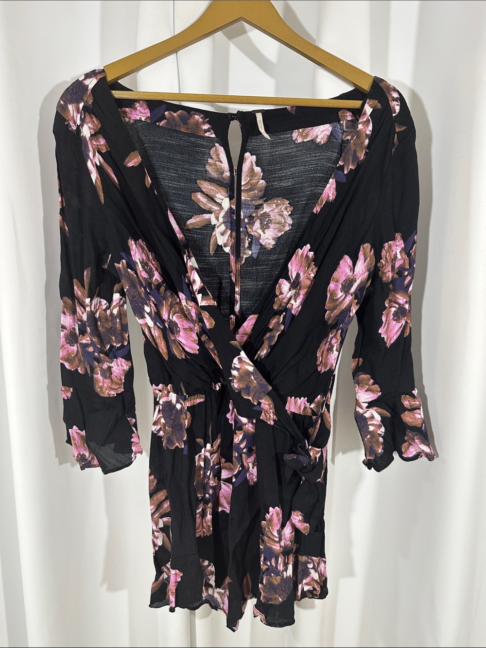 Free People Floral Faux Wrap Romper Small Black Long Sleeve Boho Festival